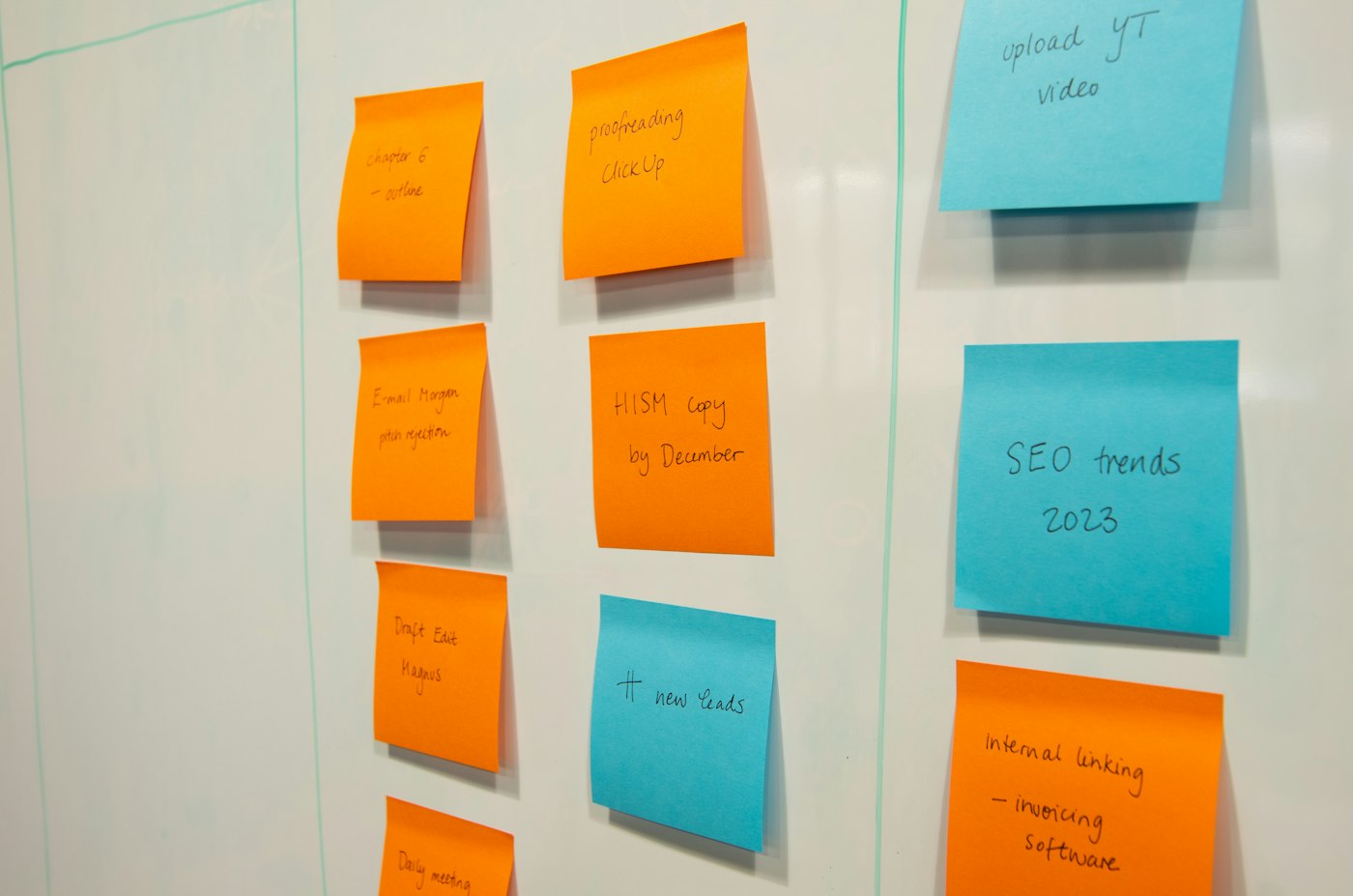 Whiteboard covered with task sticky notes